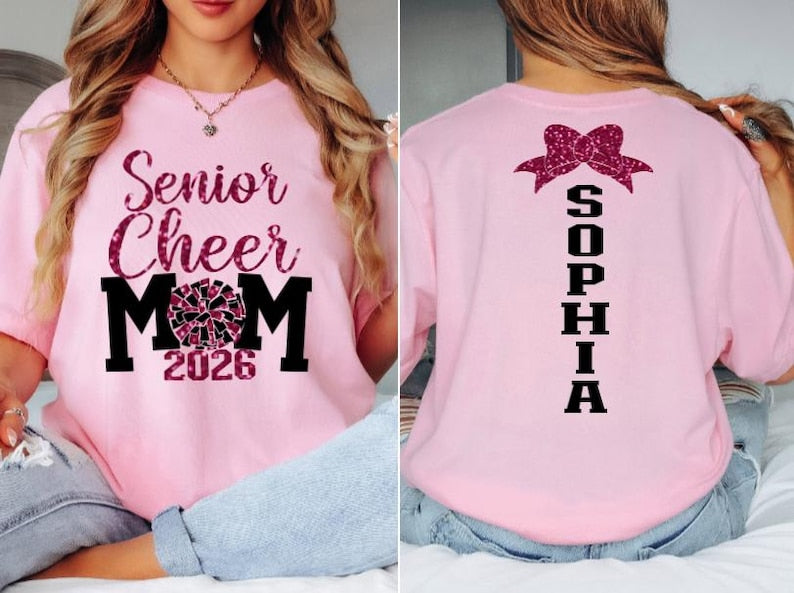 Custom Glitter Senior Cheer Mom TShirt 2026, Custom Cheer Mom Shirt CHE0008